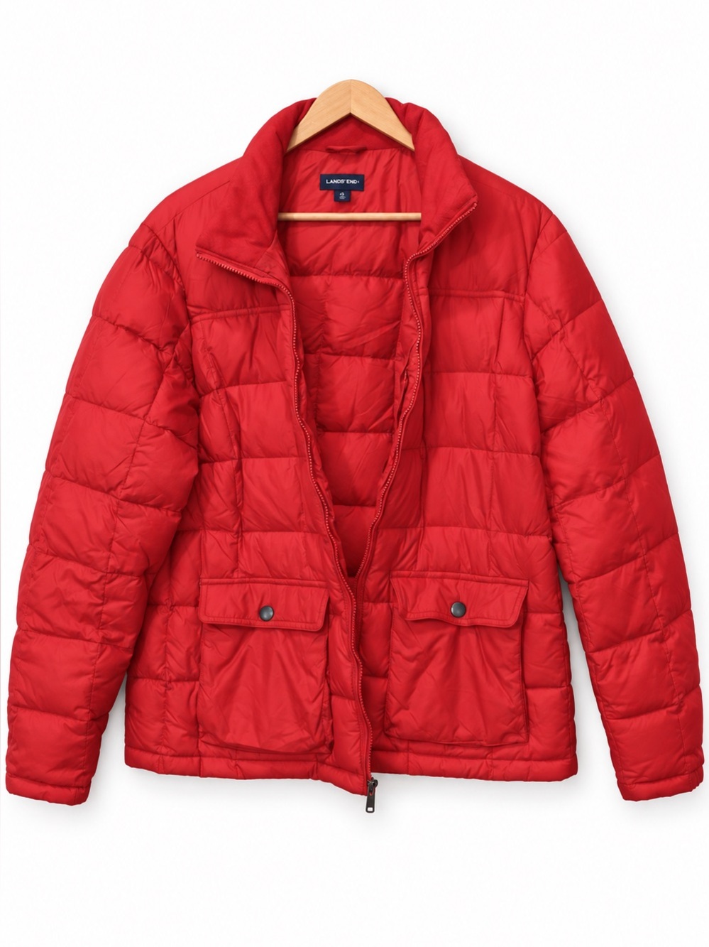 Lands’ End || Down Feather Red Winter Parka Style Zipper Quilted Jacket XL 42-44
